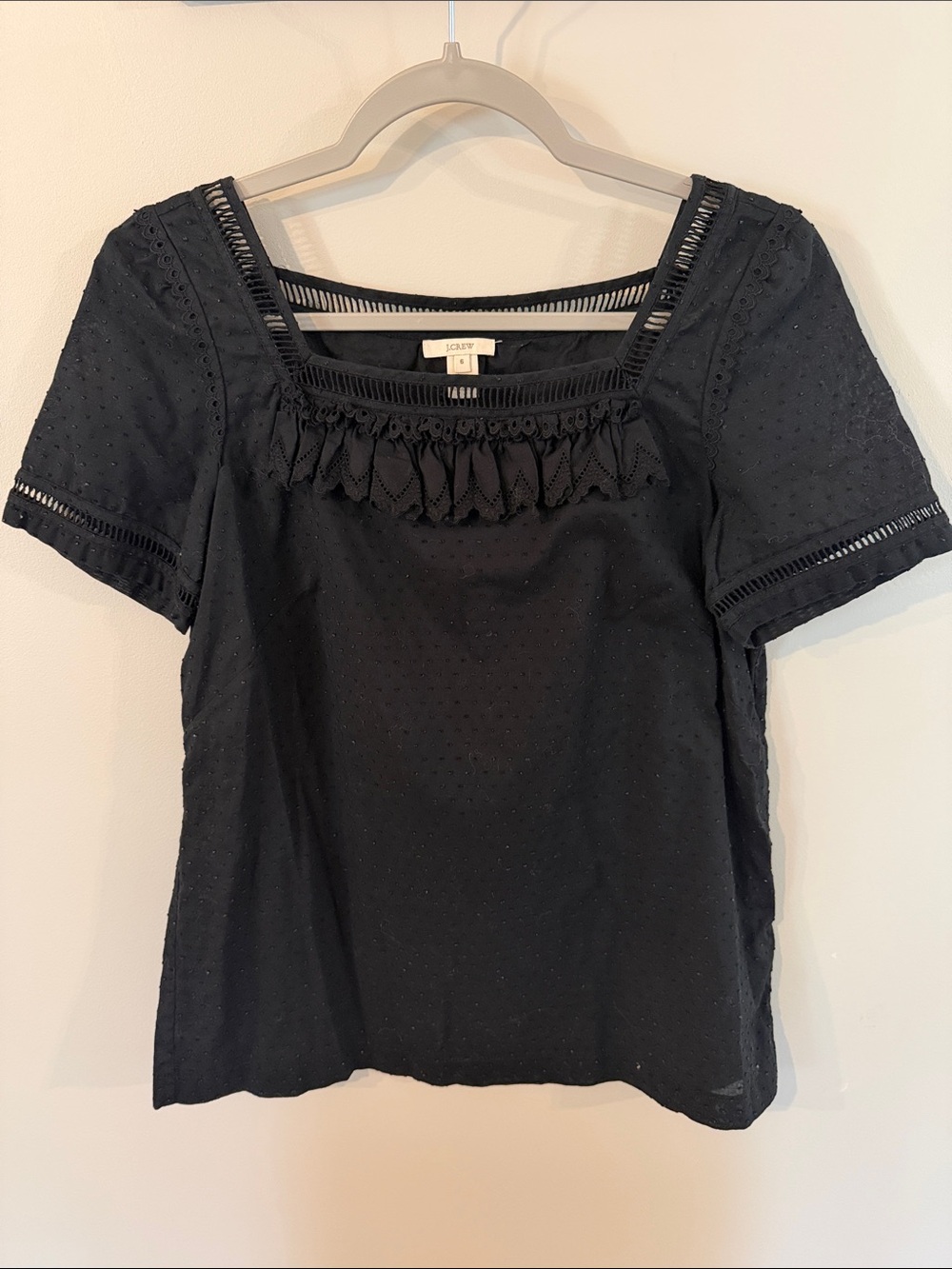 J. Crew Black Eyelet Square-Neck Tassel Trim Top